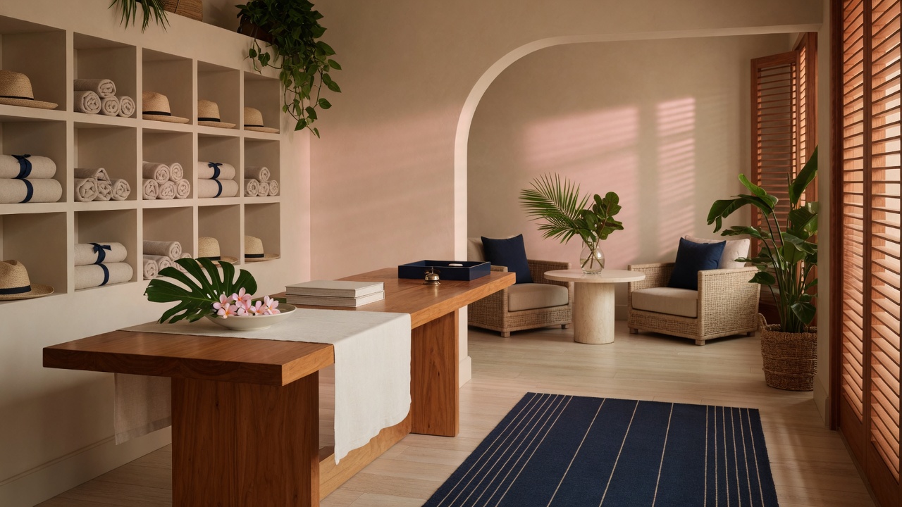 Boutique hotel lobby front desk in warm South Florida light